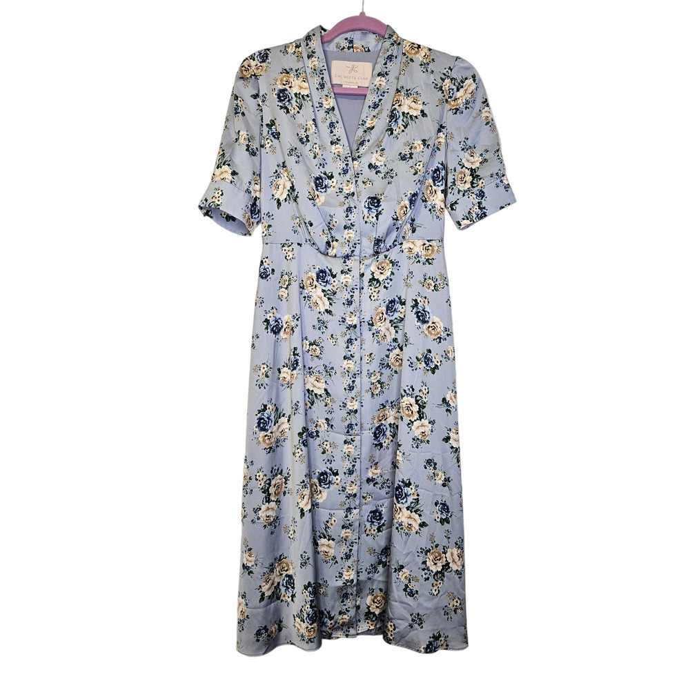 Gal Meets Glam 2 Gemma Dress Blue Floral Button Front 40s Style Retro Cottage - Picture 2 of 5